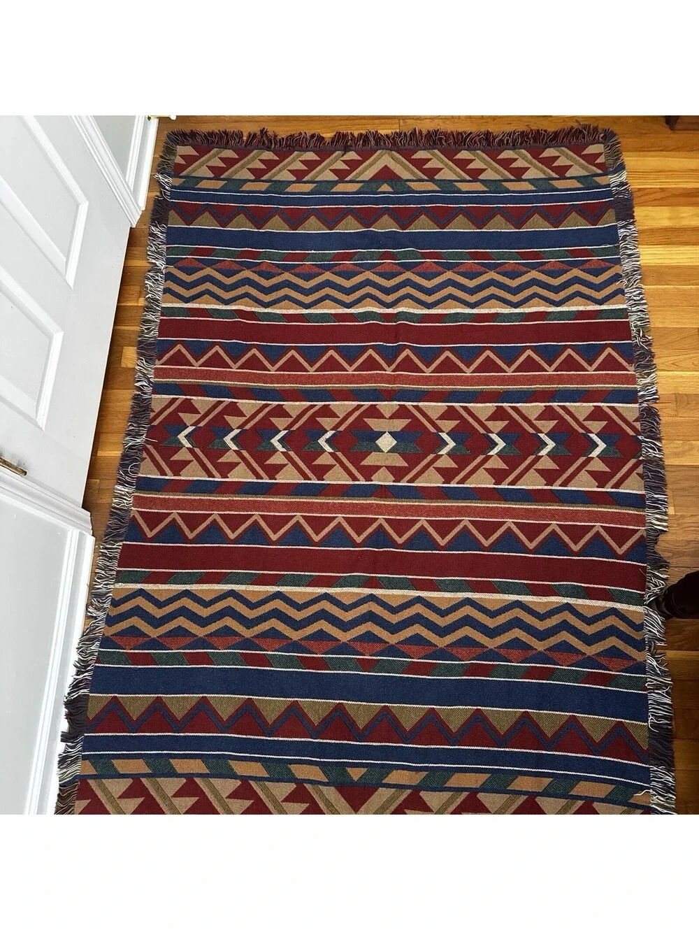 Vintage Tapestry Throw Blanket 1990s Southwestern Fringe Woven Western Red Aztec